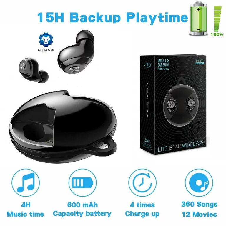 Lito BE40, Wireless Earbuds, Surround Sound, Bluetooth V5.0, TWS, Noise Cancelling, Bass Stereo Headphones for Phones, Tablets & TV's