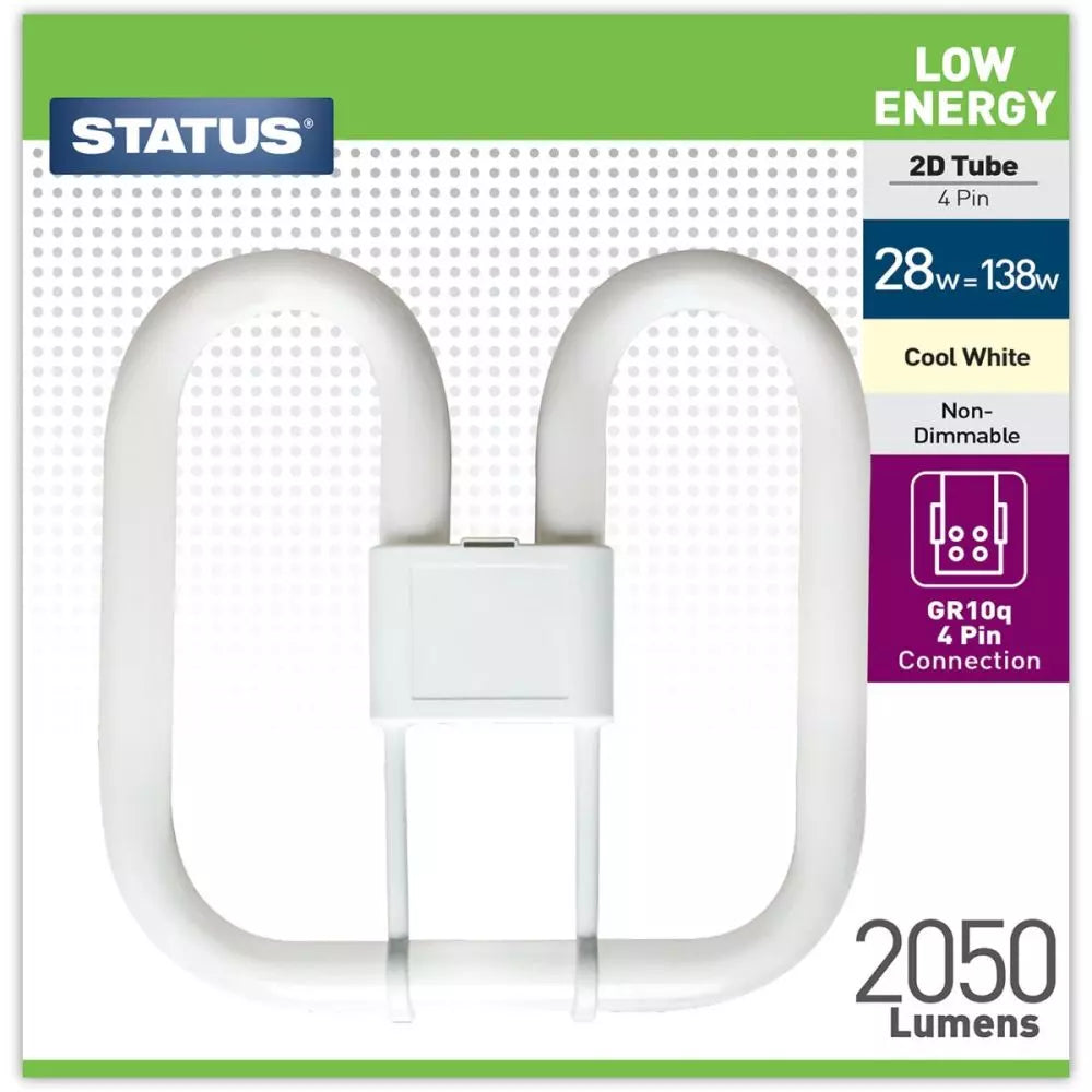 Status Low Energy 4 Pin 2D 28 Watt Fluorescent Tube Light Bulb, Cool White, 2050 Lumens.